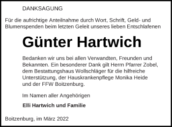 Traueranzeige von Günter Hartwich von Templiner Zeitung