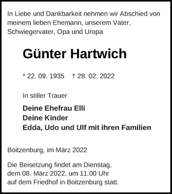 Traueranzeige von Günter Hartwich von Templiner Zeitung