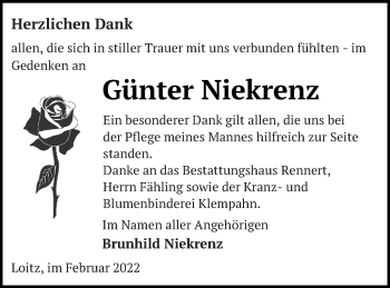 Traueranzeige von Günter Niekrenz von Pasewalker Zeitung