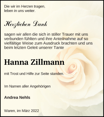 Traueranzeige von Hanna Zillmann von Müritz-Zeitung