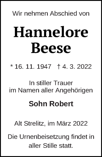 Traueranzeige von Hannelore Beese von Strelitzer Zeitung