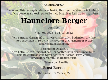 Traueranzeige von Hannelore Berger von Templiner Zeitung