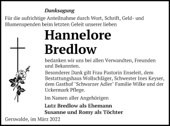 Traueranzeige von Hannelore Bredlow von Templiner Zeitung