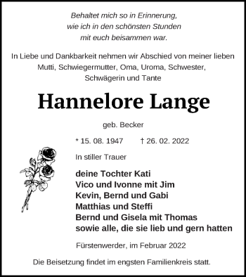 Traueranzeige von Hannelore Lange von Prenzlauer Zeitung