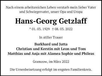 Traueranzeige von Hans-Georg Getzlaff von Prenzlauer Zeitung