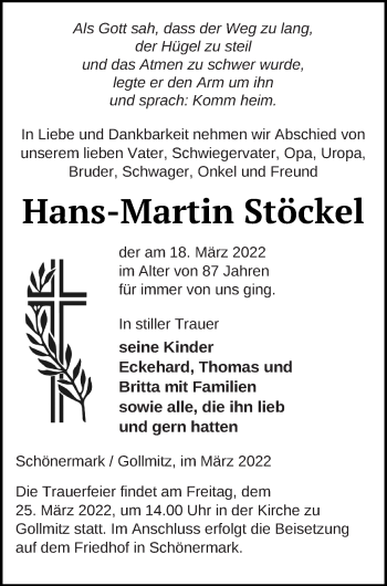 Traueranzeige von Hans-Martin Stöckel von Prenzlauer Zeitung