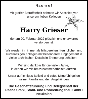 Traueranzeige von Harry Griese von Mecklenburger Schweiz