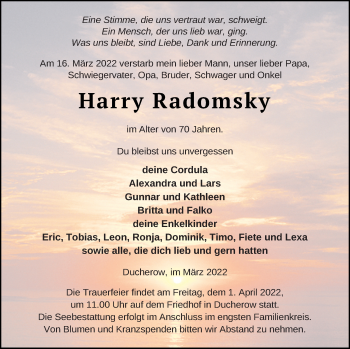 Traueranzeige von Harry Radomsky von Vorpommern Kurier