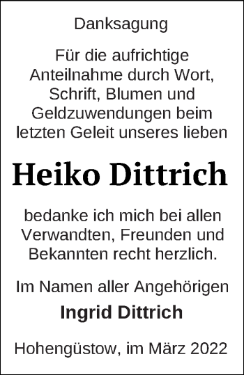 Traueranzeige von Heiko Dittrich von Prenzlauer Zeitung