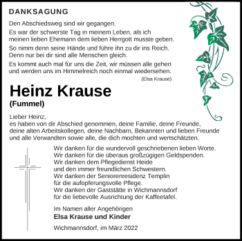 Traueranzeige von Heinz Krause von Prenzlauer Zeitung