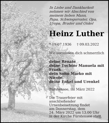 Traueranzeige von Heinz Luther von Strelitzer Zeitung