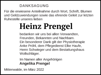 Traueranzeige von Heinz Prengel von Templiner Zeitung