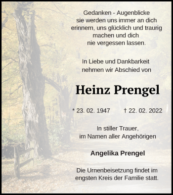 Traueranzeige von Heinz Prengel von Templiner Zeitung
