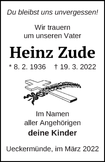 Traueranzeige von Heinz Zude von Haff-Zeitung