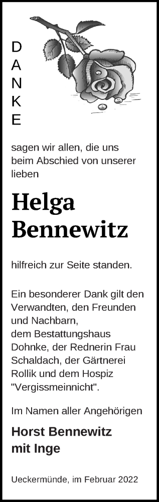 Traueranzeige von Helga Bennewitz von Haff-Zeitung