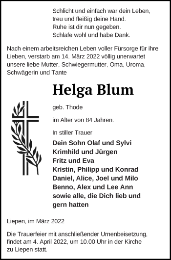 Traueranzeige von Helga Blum von Neubrandenburger Zeitung