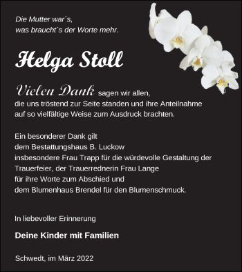 Traueranzeige von Helga Stoll von Müritz-Zeitung