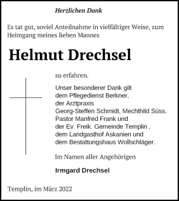 Traueranzeige von Helmut Drechsel von Templiner Zeitung