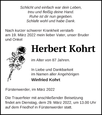 Traueranzeige von Herbert Kohrt von Prenzlauer Zeitung