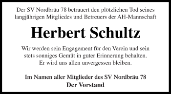 Traueranzeige von Herbert Schultz von Neubrandenburger Zeitung