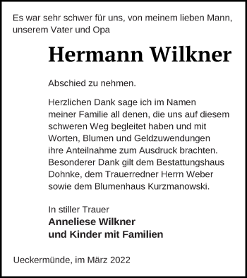 Traueranzeige von Hermann Wilkner von Haff-Zeitung