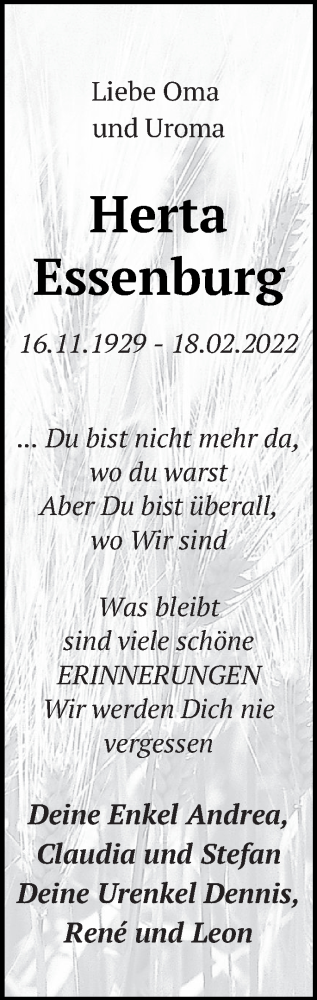 Traueranzeige von Herta Essenburg von Müritz-Zeitung