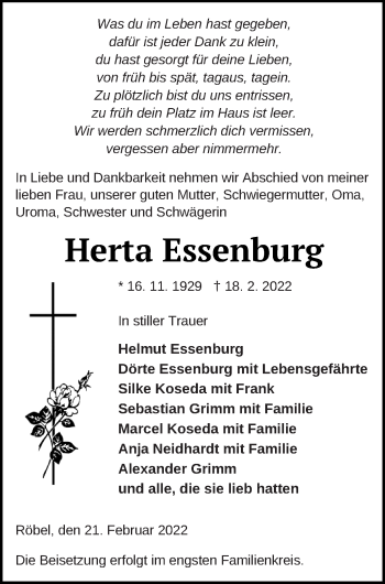 Traueranzeige von Herta Essenburg von Müritz-Zeitung