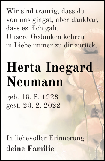 Traueranzeige von Herta Inegard Neumann von Prenzlauer Zeitung