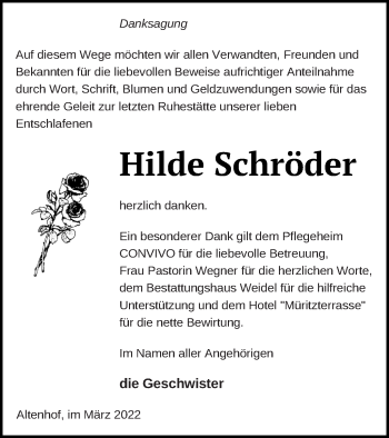 Traueranzeige von Hilde Schröder von Müritz-Zeitung