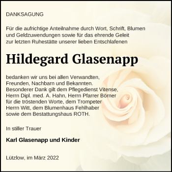 Traueranzeige von Hildegard Glasenapp von Prenzlauer Zeitung