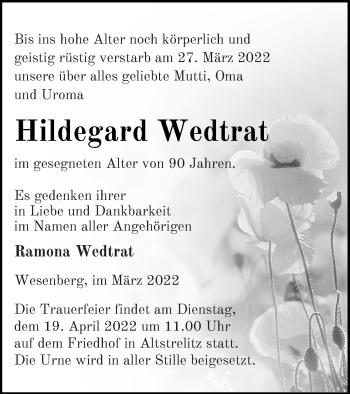 Traueranzeige von Hildegard Wedtrat von Strelitzer Zeitung