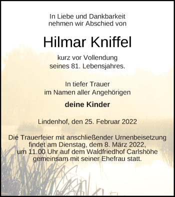 Traueranzeige von Hilmar Kniffel von Neubrandenburger Zeitung