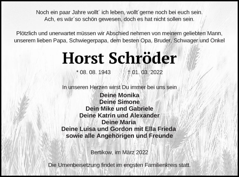  Traueranzeige für Horst Schröder vom 11.03.2022 aus Prenzlauer Zeitung