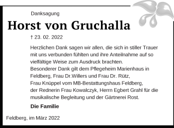 Traueranzeige von Horst von Gruchalla von Strelitzer Zeitung