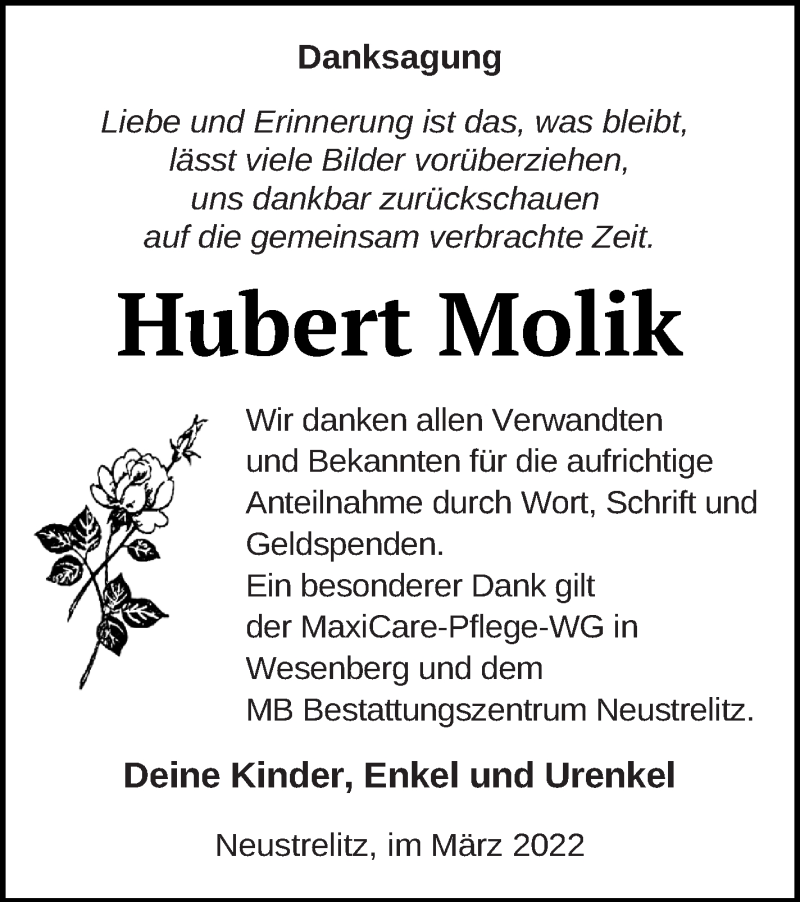  Traueranzeige für Hubert Molik vom 09.03.2022 aus Strelitzer Zeitung