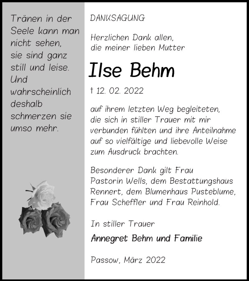  Traueranzeige für Ilse Behm vom 22.03.2022 aus Vorpommern Kurier