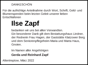 Traueranzeige von Ilse Zapf von Mecklenburger Schweiz