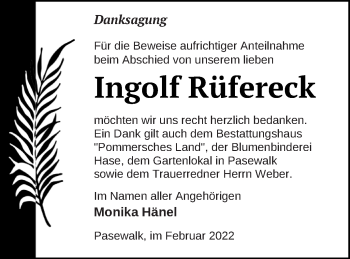 Traueranzeige von Ingolf Rüfereck von Pasewalker Zeitung