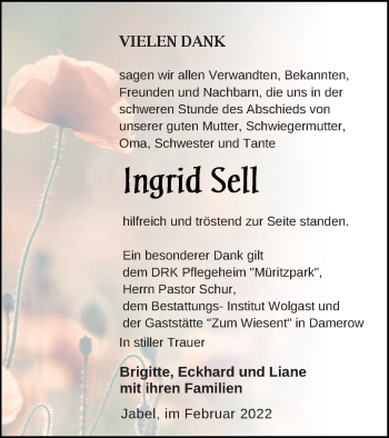 Traueranzeige von Ingrid Sell von Müritz-Zeitung