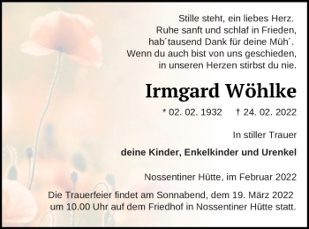 Traueranzeige von Irmgard Wöhlke von Müritz-Zeitung