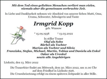 Traueranzeige von Irmgrid Kopp von Pasewalker Zeitung