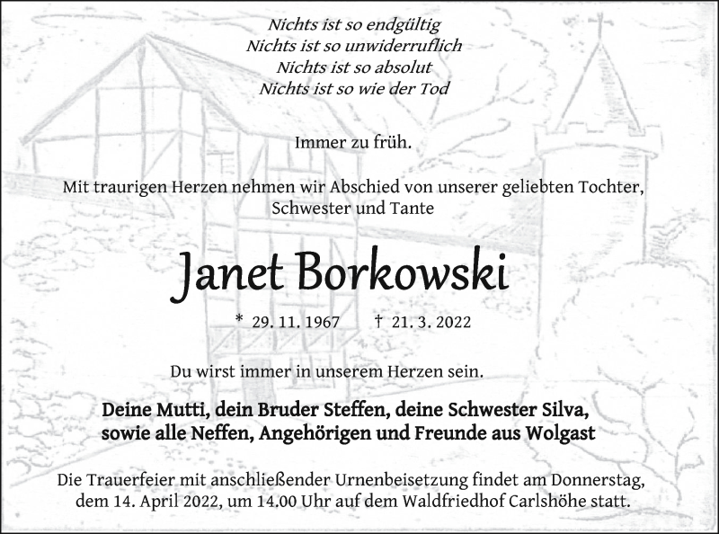  Traueranzeige für Janet Borkowski vom 29.03.2022 aus Neubrandenburger Zeitung