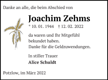 Traueranzeige von Joachim Zehms von Prenzlauer Zeitung