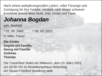 Traueranzeige von Johanna Bogdan von Pasewalker Zeitung