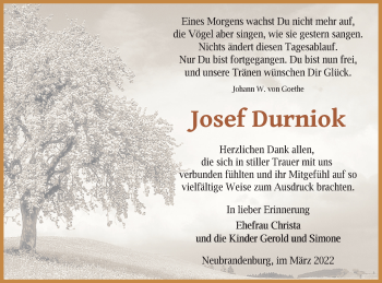Traueranzeige von Josef Durniok von Neubrandenburger Zeitung