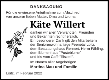 Traueranzeige von Käte Willert von Vorpommern Kurier