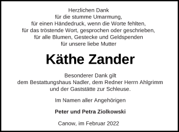 Traueranzeige von Käthe Zander von Strelitzer Zeitung