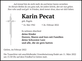 Traueranzeige von Karin Pecat von Mecklenburger Schweiz