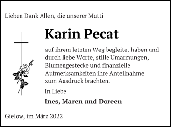 Traueranzeige von Karin Pecat von Mecklenburger Schweiz