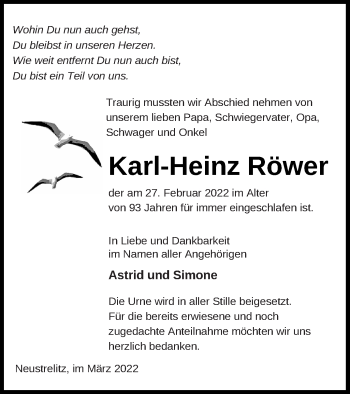 Traueranzeige von Karl-Heinz Röwer von Strelitzer Zeitung